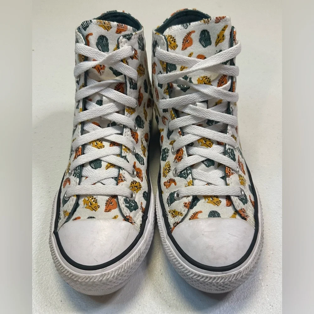 Converse Boys Hi-Top Sneakers Dinosaur Print Pattern White/Orange/Green NWB Sz 5